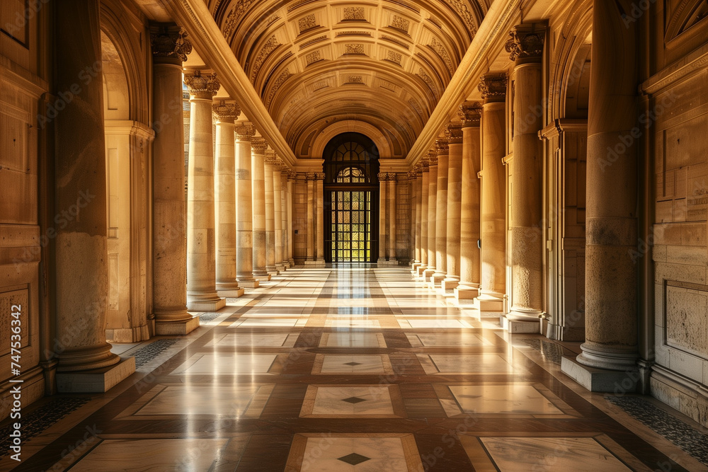 A corridor with elegant architecture, exuding a sophisticated ambiance, with sunlight streaming in from the side