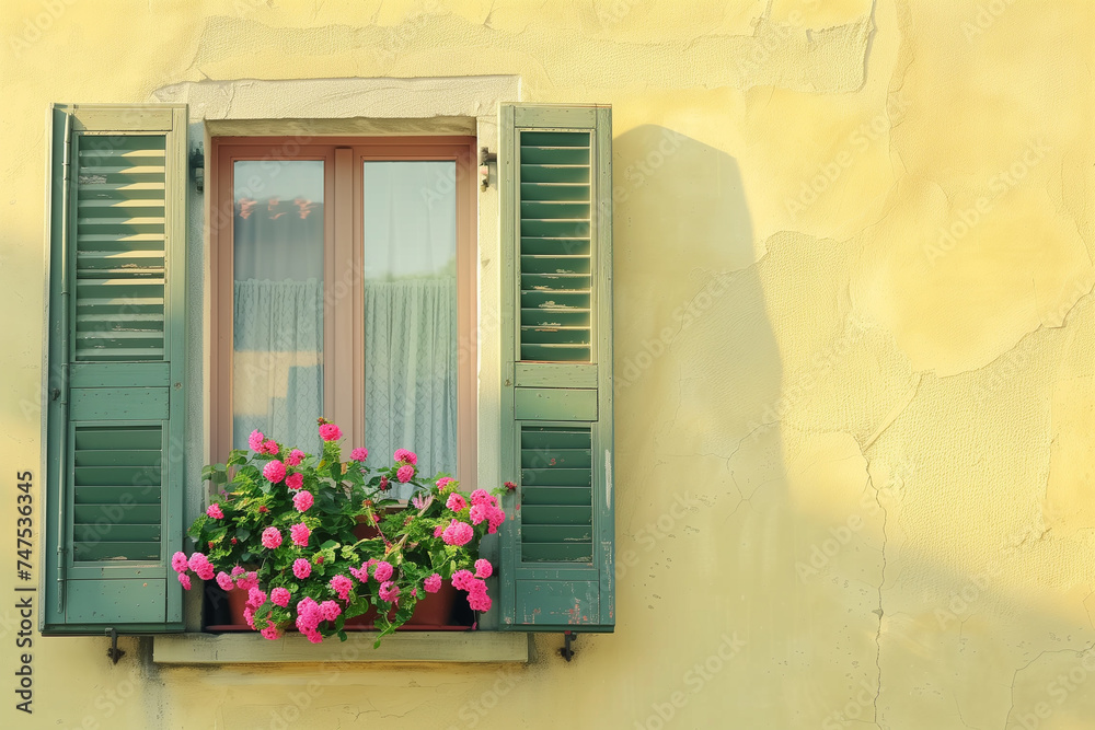 A window on a yellow-colored wall adorned with a flower pot for decoration