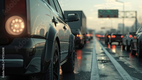 a low-angle view of a line of cars and a truck on the highway, showcasing the dynamic motion and scale of the vehicles.