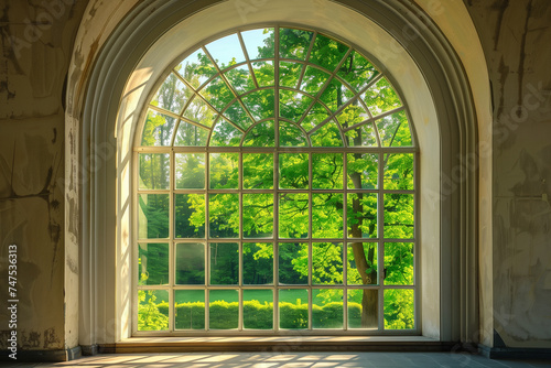 A window-shaped arch provides a view of the green garden outside