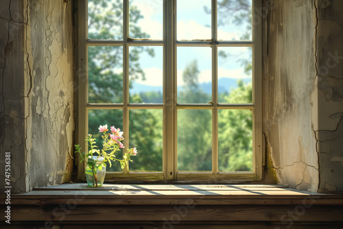 A window on an old and weathered wall, adorned with a small flower vase for decoration