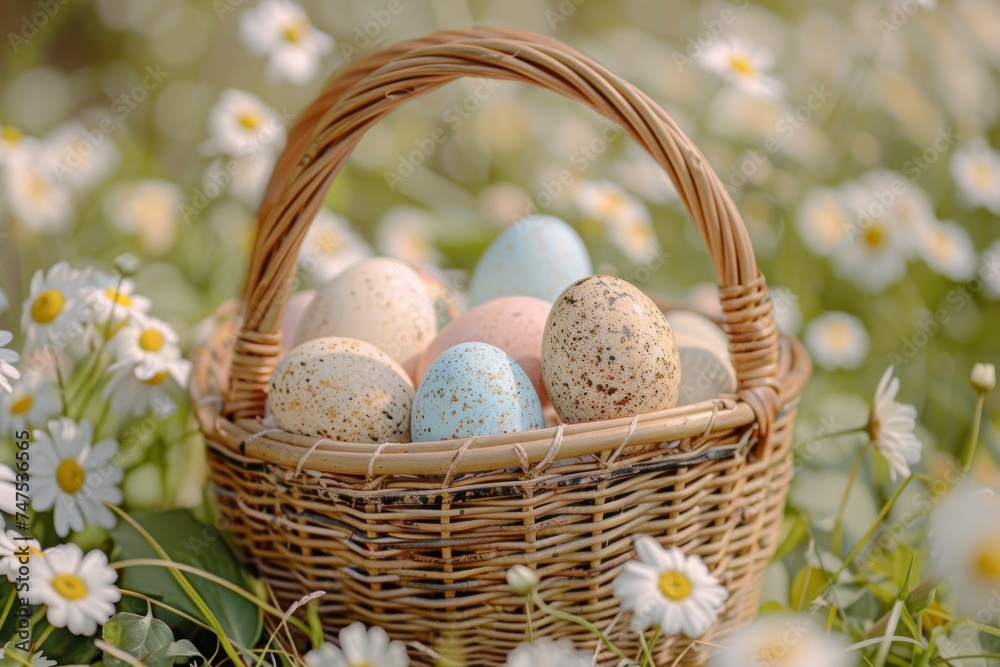 A wicker basket filled with pastel-colored Easter eggs sits amidst a field of blooming daisy flowers, evoking the freshness of spring