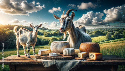 Captivating scene of a goat beside homemade goat cheese on a rustic table, set in a lush meadow under a clear sky, showcasing sustainable farming and artisanal cheese-making. photo