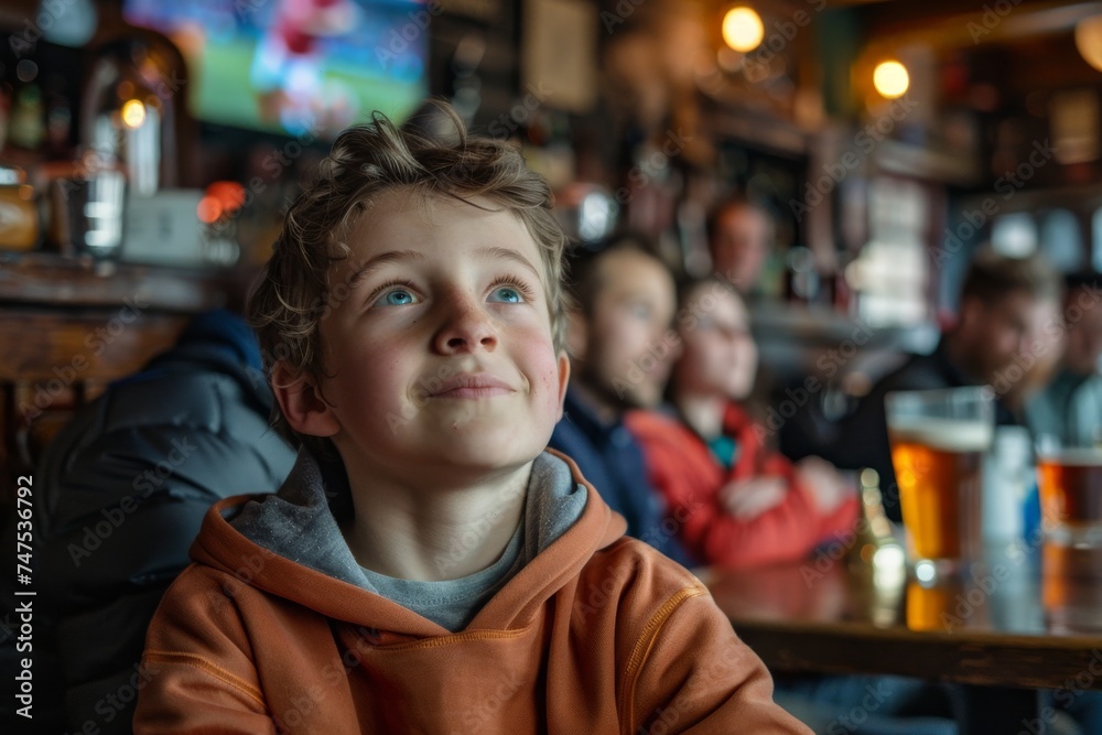 Portrait of a contemplative young boy in a hoodie, watching a game with a pensive and hopeful expression Portrait of a contemplative young boy in a hoodie, watching a game with a pensive and hopeful expression