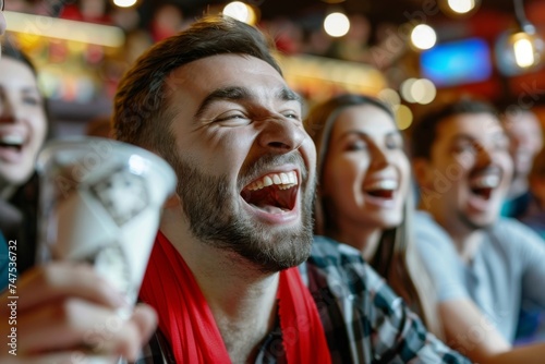 Excited man laughing with a group of friends at a bar, holding glasses of beer