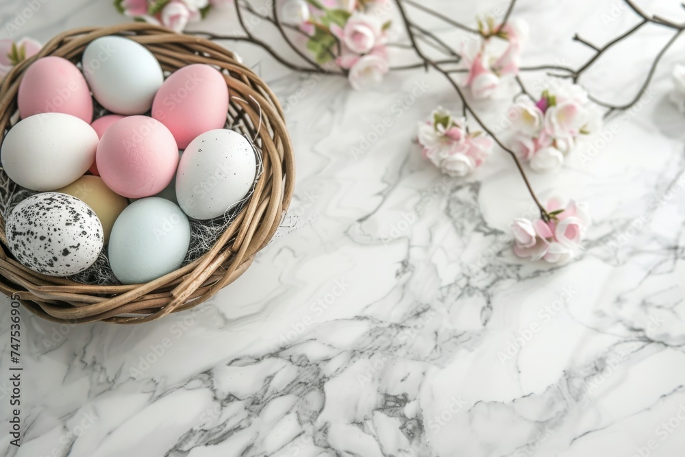 A beautiful arrangement of pastel-colored Easter eggs in a basket next to pink cherry blossom flowers on a marble background