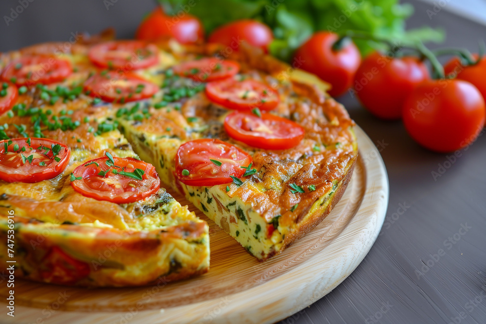 Traditional frittata with tomatoes. Omelette with vegetables. Healthy breakfast. Traditional frittata with tomatoes. Omelette with vegetables. Healthy breakfast.