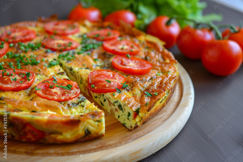 Traditional frittata with tomatoes. Omelette with vegetables. Healthy breakfast.