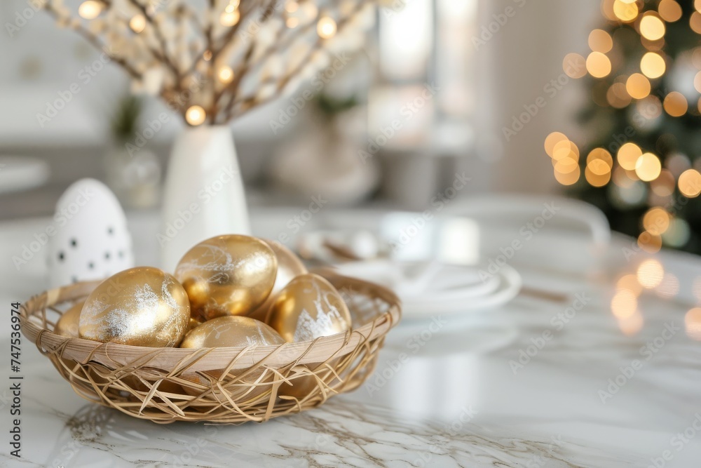 Tastefully decorated Christmas setting with golden eggs in a basket, surrounded by festive lights and soft decor Tastefully decorated Christmas setting with golden eggs in a basket, surrounded by festive lights and soft decor