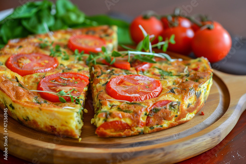 Traditional frittata with tomatoes. Omelette with vegetables. Healthy breakfast.