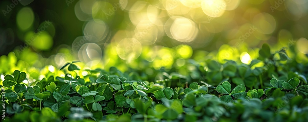 Green background with three-leaved shamrocks, Lucky Irish Four Leaf Clover in the Field for St. Patricks Day holiday symbol. with three-leaved shamrocks, St. Patrick's day holiday symbol, earth day. - obrazy, fototapety, plakaty 