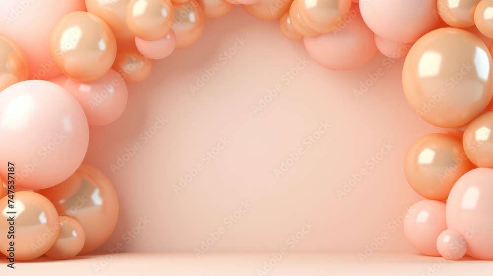 Generative AI, arch of peach fuzz color balloons. Birthday party, wedding or shower 3d background. Template for greetings or invitations...