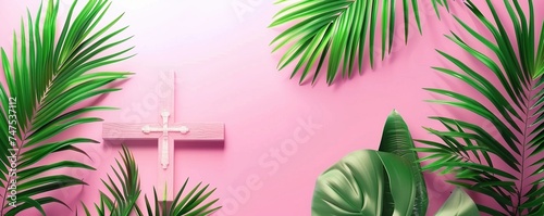 Palm cross and palm leaves. Palm sunday and easter day concept.