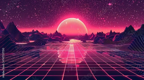 digital landscape stretches out, composed of shimmering particles, dots, and stars that converge on the horizon