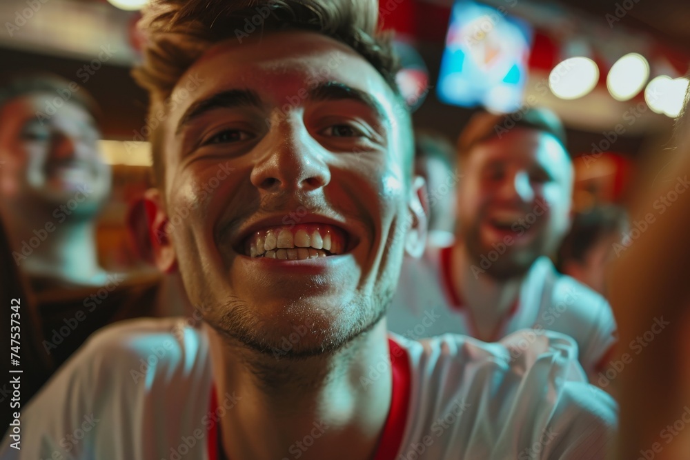 An enthusiastic young man smiling brightly, surrounded by a vibrant bar scene and other patrons