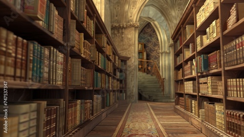 An intricately detailed 3D rendering of library bookshelves filled with ancient tomes