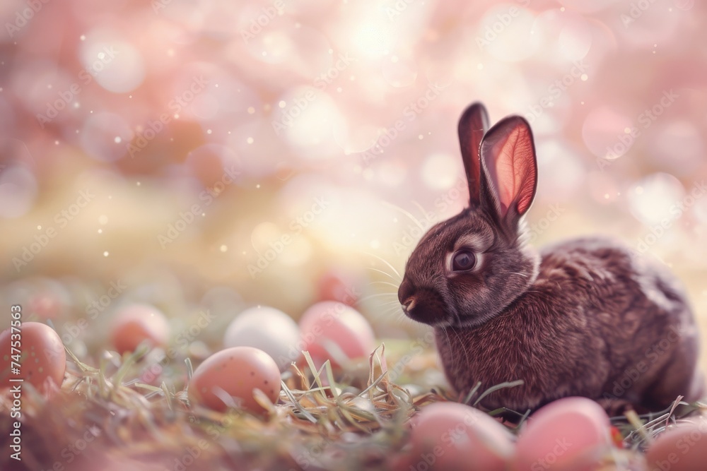 An inquisitive dark brown rabbit looks on among a field of pastel-colored Easter eggs, with a dreamy bokeh background An inquisitive dark brown rabbit looks on among a field of pastel-colored Easter eggs, with a dreamy bokeh background
