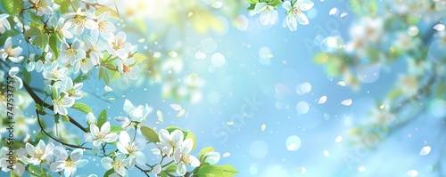 Blossoming tree branch on blue sky background. Spring equinox concept