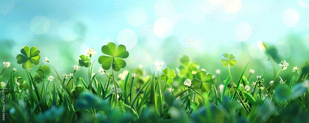 Green background with three-leaved shamrocks, Lucky Irish Four Leaf Clover in the Field for St. Patricks Day holiday symbol. with three-leaved shamrocks, St. Patrick's day holiday symbol, earth day. Green background with three-leaved shamrocks, Lucky Irish Four Leaf Clover in the Field for St. Patricks Day holiday symbol. with three-leaved shamrocks, St. Patrick's day holiday symbol, earth day.