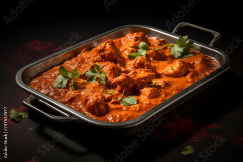 Conceptual close-up photography of a tempting chicken tikka masala on a plastic tray against a velvet background. AI Generation