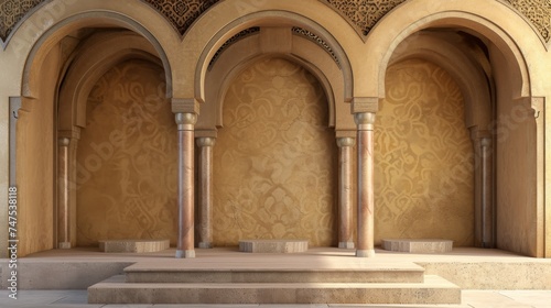 Sunlight bathes a tranquil corner featuring a Arabic arch with podium and elaborate arabesque patterns  reflecting the artistry of Islamic design.