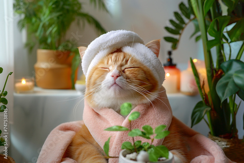 Cat relaxing in spa bath with candles and green plants. Cute cat in a turban on spa treatments. Beauty procedures, wellness, beauty, relaxation concept. Pet grooming, domestic pets treatment