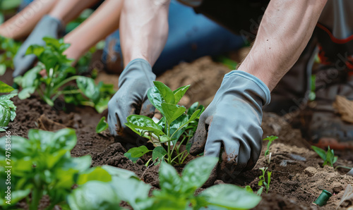 hands planting young seedlings in fertile soil in a community garden