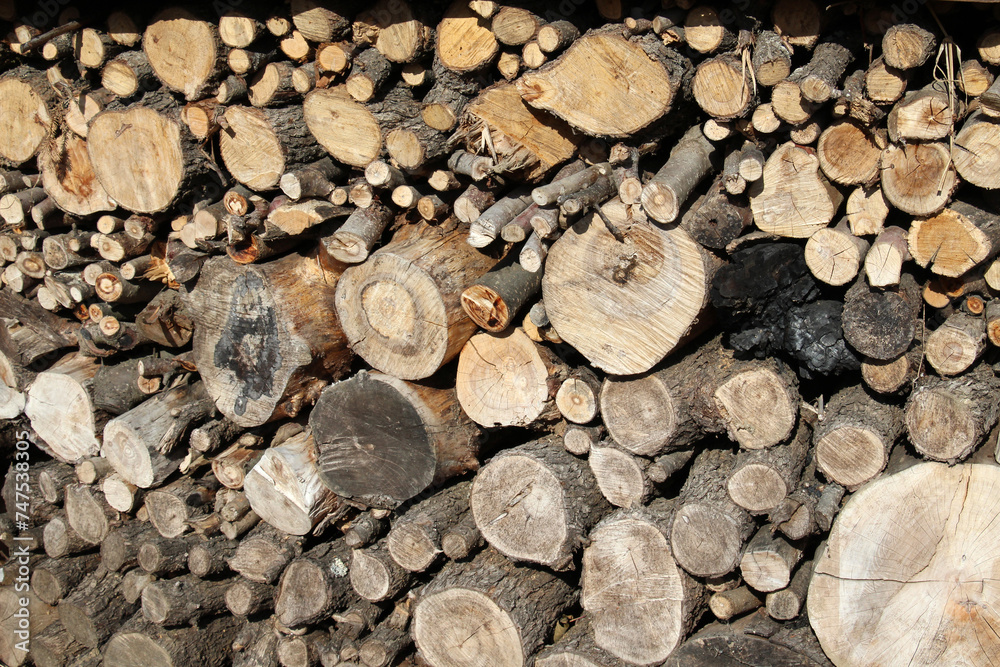 Cut and chopped firewood are stacked together Cut and chopped firewood are stacked together