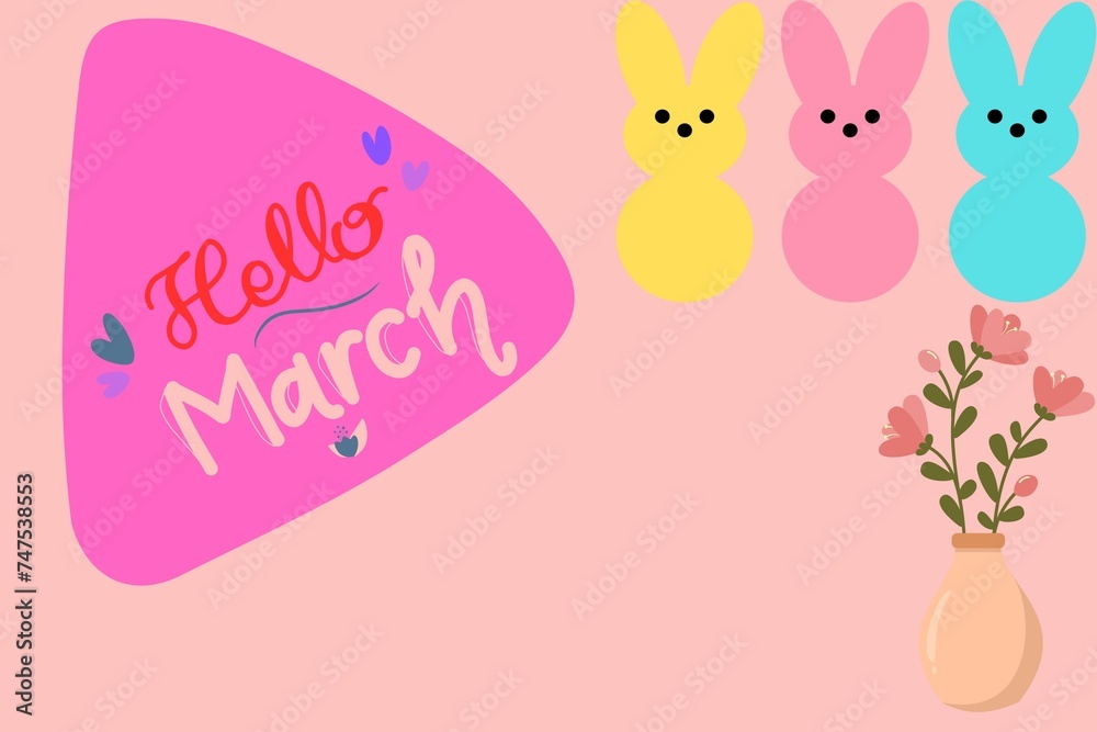 Hello March lettering message with Modern lettering. Welcome March design for cards, banners, posters. hello march hand drawn beautiful design. March - Hand drawn lettering month name Hand written.