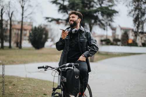 A fashionable male business entrepreneur takes a break on his bike, cheerfully using his smart phone and wearing headphones.