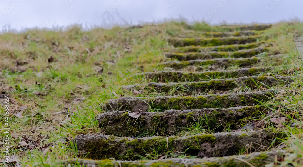 Stare malownicze betonowe schody na trawiastym wzgórzu.Zniszczone betonowe schody wspinające się po zboczu wzgórza w stronę pochmurnego nieba. - obrazy, fototapety, plakaty 