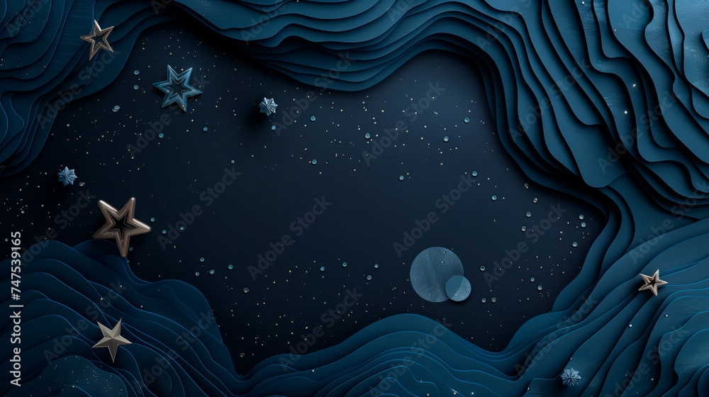 Dark layered background with stars, planets, echoes of the space theme and black hole