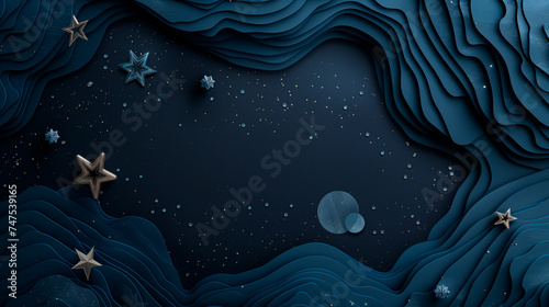 Dark layered background with stars, planets, echoes of the space theme and black hole photo