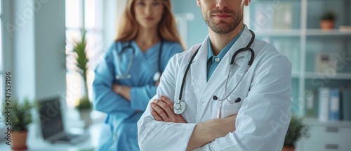 Successful team of medical doctors are looking at camera and smiling while standing in hospital