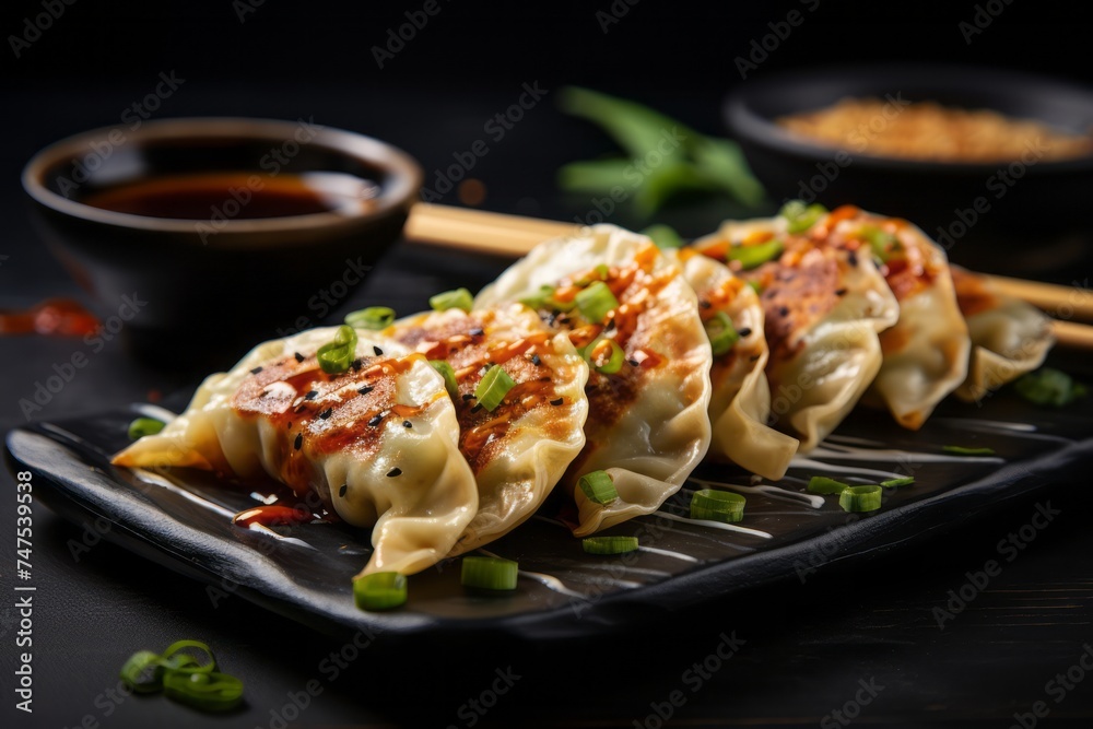 Fototapeta premium Macro view photography of a tempting gyoza on a slate plate against a frosted glass background. AI Generation