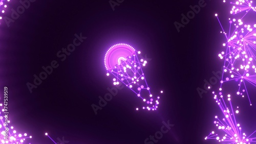 futuristische violette leuchtende synchrone Netzwerkverknüpfungen mit Knotenpunkten, Fraktal, Muster, Kreis, Links, Verbindungen, KI, Internet, Server, Plexuseffekt, System, FTTH, Daten, leuchten
 photo