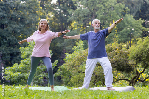 A mature man and woman performing yoga in a tranquil park, embracing health and togetherness amidst nature. © Liubomir