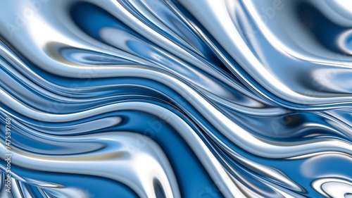 Abstract Blue and Silver Fluid Art Texture, Wavy Metallic Background for Creative Design