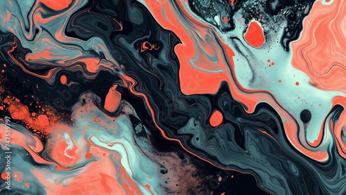 Abstract Fluid Art with Vibrant Coral and Black Swirls, Dynamic Acrylic Painting, Creative Background Concept