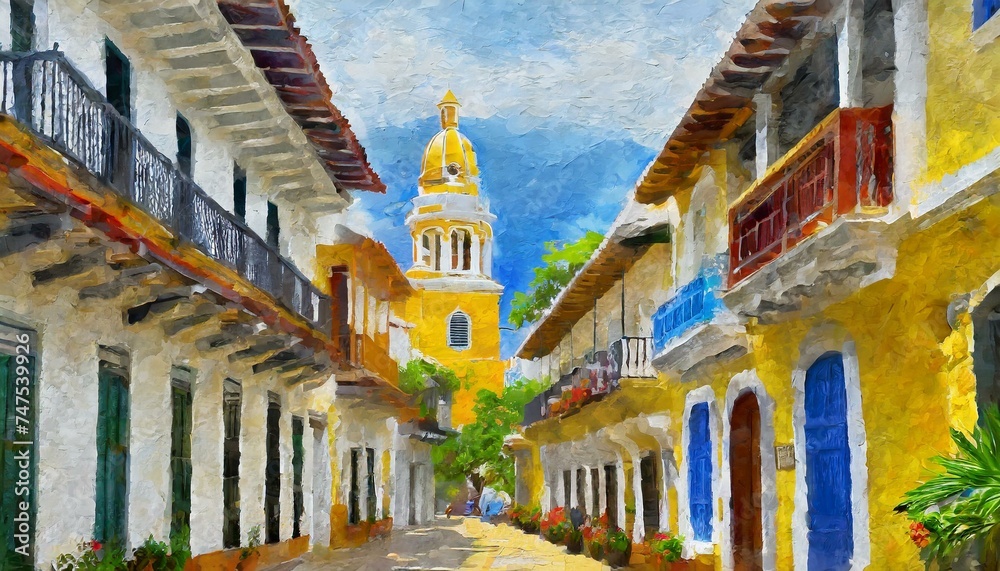 Cartagena de indias colombia calles coloridas acuarela - obrazy, fototapety, plakaty 