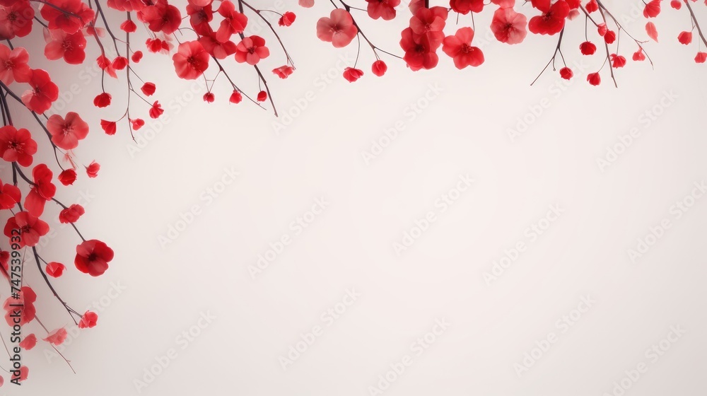 Beautiful delicate red flowers on a white background. Abstract layout of a colored frame with space for text. An invitation to a wedding. The concept of International Women's Day, Mother's Day.