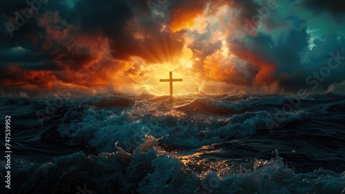 Good Friday sunrise, Vibrant hues pierce stormy skies & ocean, evoking serenity in the midst of turbulence. Perfect for religious themes, hope, and 