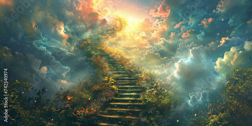 A mystical staircase ascends into a celestial sky, evoking a sense of wonder and the journey to transcendence. photo