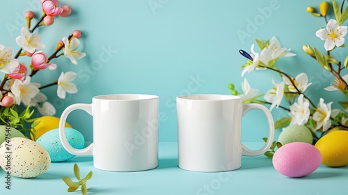 two blank white sublimation mugs against a super white Easter-themed background, with ample space for text. photo