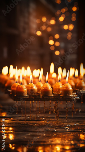 Close-up of Burning Golden Hanukah Candles