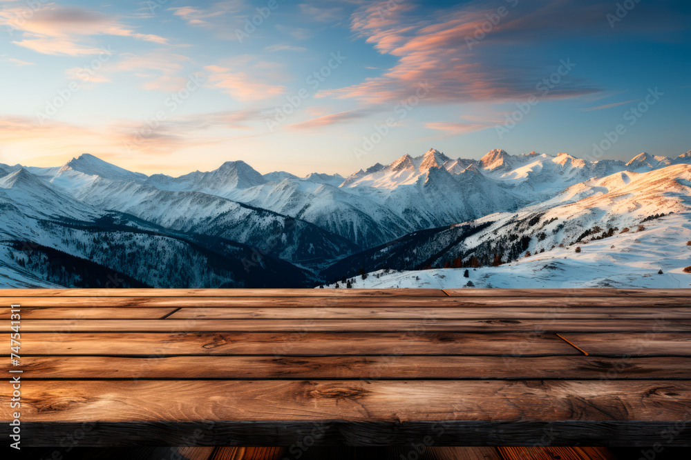 An empty wooden table overlooks a breathtaking alpine landscape at sunset, inviting a sense of adventure. An empty wooden table overlooks a breathtaking alpine landscape at sunset, inviting a sense of adventure.