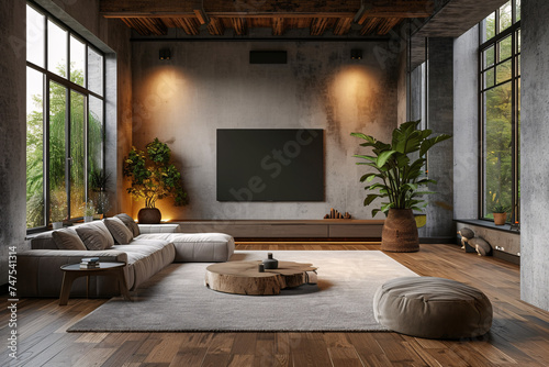 Modern Urban Living Room Interior with Natural Elements, Spacious Design, and Contemporary Furniture for a Relaxing Home Environment © Canvas Elegance