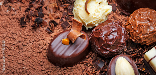 chocolate pralines on dark chocolate background © Vera Kuttelvaserova