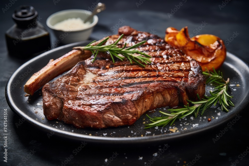 Highly detailed close-up photography of a delicious medium rare ribeye steak on a rustic plate against a polished cement background. AI Generation