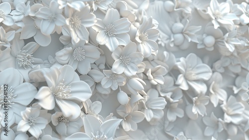 a highly detailed 3D representation of elegant spring florals in a white color scheme. SEAMLESS PATTERN.